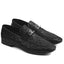 Black woven loafers with a silver buckle on a white background
