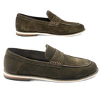 Pair of brown suede loafers on a white background