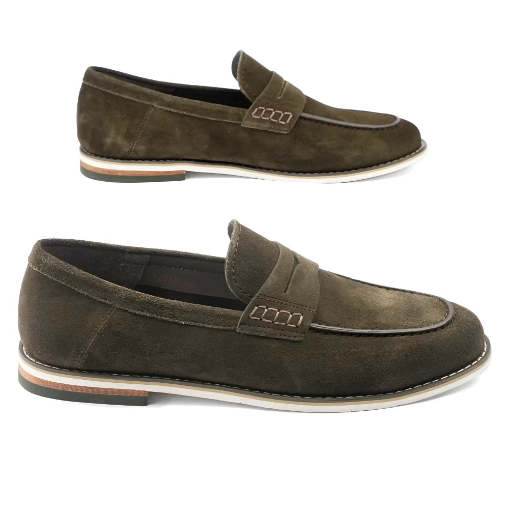 Pair of brown suede loafers on a white background